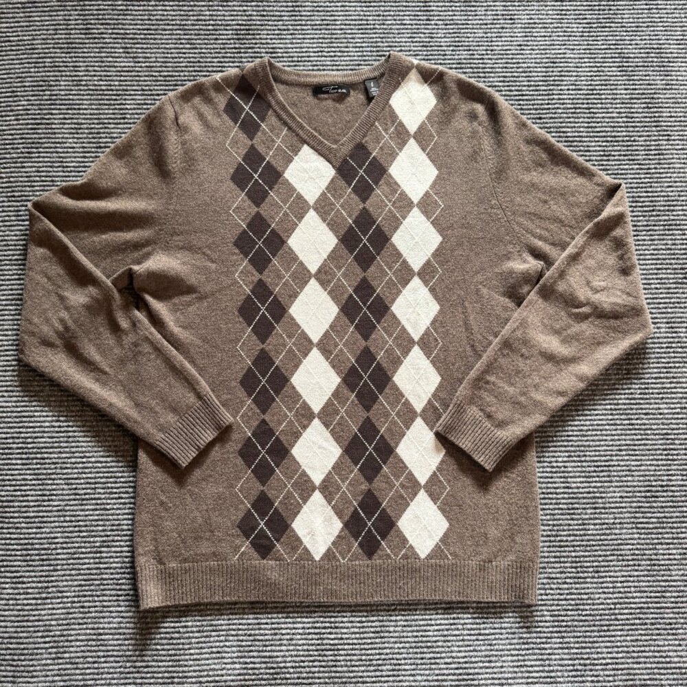 Men's Two a.m. 100% Cashmere Brown Argyle V Neck Sweater Size Large Preppy